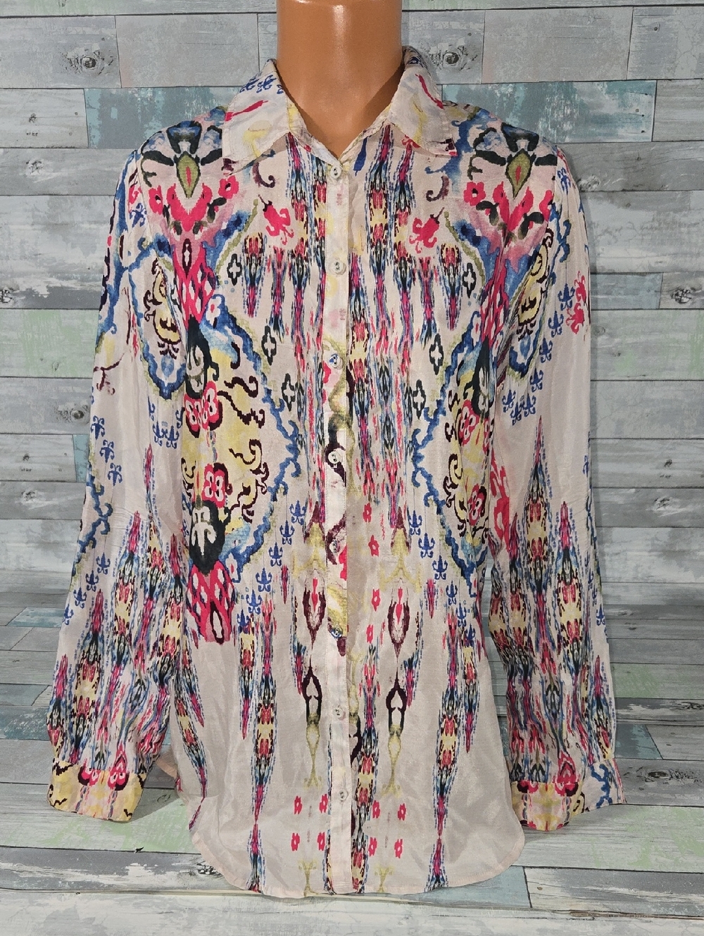 Johnny Was Lace Silk Multicolor Printed Button-Down Shirt/Top/Blouse Sz X-Small